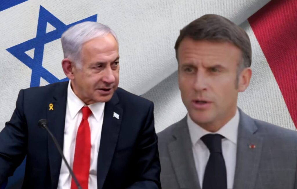 נשיא צרפת עמנואל מקרון וראש הממשלה בנימין נתניהו. צילום: מסך רשתות חברתיות