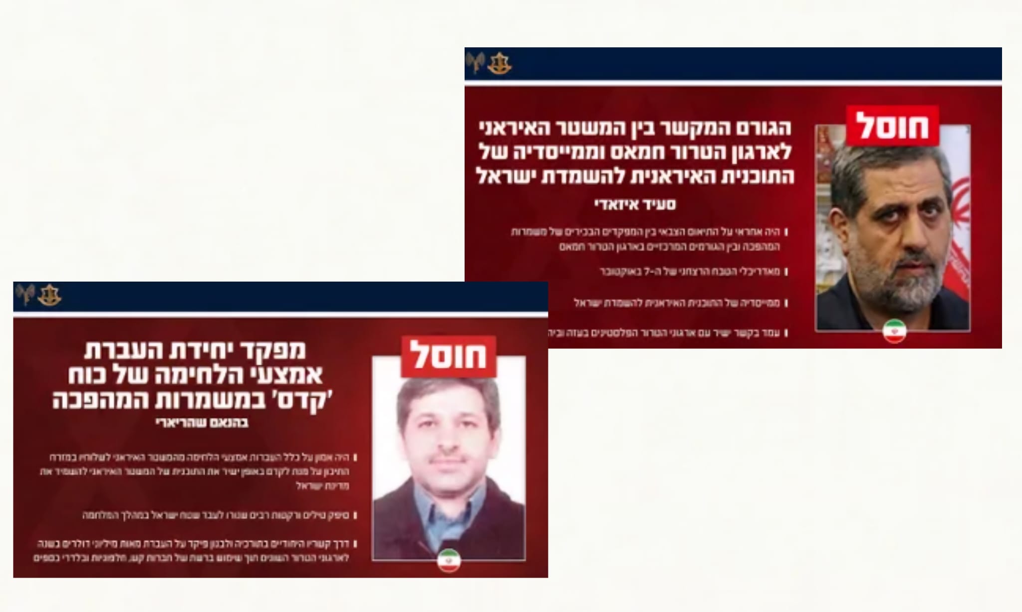 חוסלו - מפקד יחידת העברת אמצעי לחימה של כוח קודס האיראני וסעיד איזאדי, מפקד גיס פלסטין בכוח קודס האיראני. צילום: דובר צה"ל