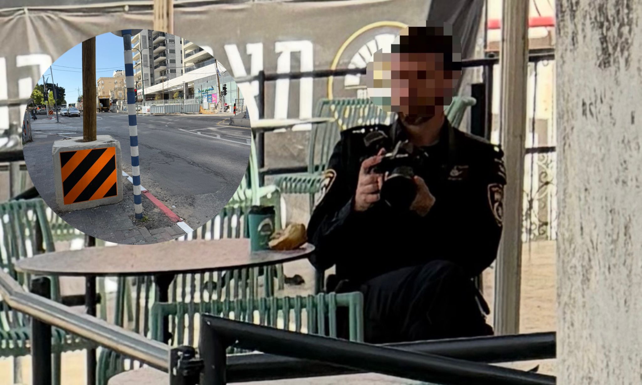 שוטר מתחנת רחובות יושב בבית הקפה "מאפיית השוק" ברח' הרצל ומנסה לתפוס נהגים בעבירות. צילום: פרטי