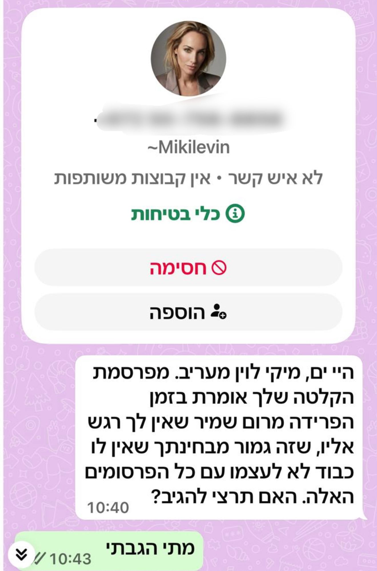 הפנייה של הכתבת מיקי לוין אל ים צים. צילום: מסך ווצאפ של ים צים